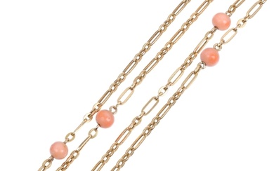 An Antique 18ct gold coral bead spacer link long guard chain...