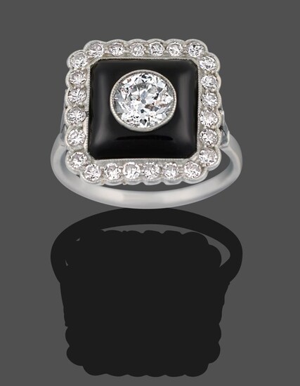 An Art Deco Onyx and Diamond Cluster Ring, an old cut diamond centres a square onyx plaque within a