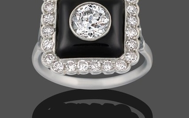 An Art Deco Onyx and Diamond Cluster Ring, an old...