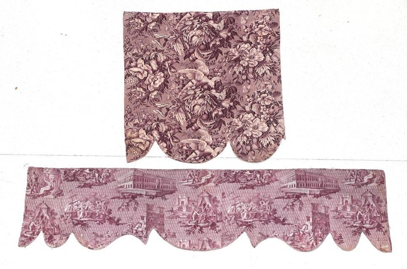 An Early 19th Century French Toile Pelmet, printed in purple,...