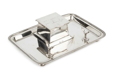 An Edwardian silver inkstand, the raised square section inkwell having...