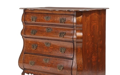 An early 19th century Dutch mahogany chest of drawers, richly inlaid with flowers and foliage. Curved front with four drawers. H. 88. W. 93. D. 87 cm.