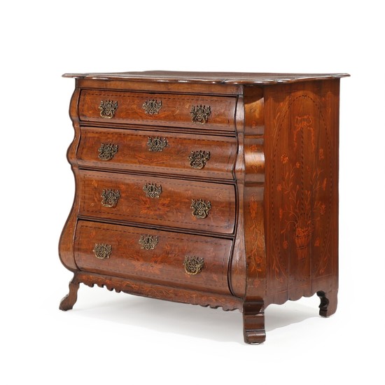 An early 19th century Dutch mahogany chest of drawers, richly inlaid with flowers and foliage. Curved front with four drawers. H. 88. W. 93. D. 87 cm.