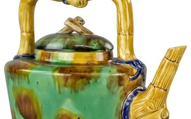 Antique Aesthetic Majolica Pottery Bamboo Tea Pot c1910