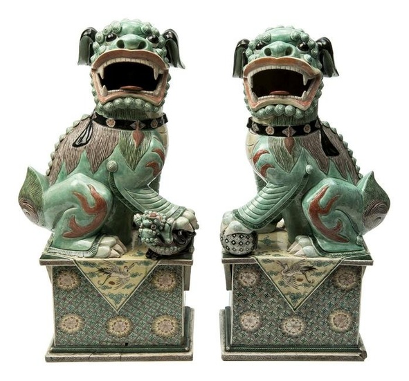 Antique Chinese Glazed Biscuit Porcelain Buddhistic Foo Lions.