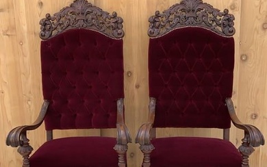 Antique French Regency Style Ornate Caved Walnut Throne Chairs Newly Upholstered - Pair