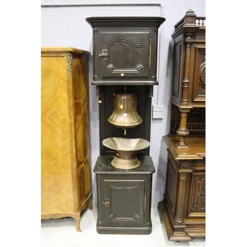 Antique French copper fountain, mounted to a oak two door ca...