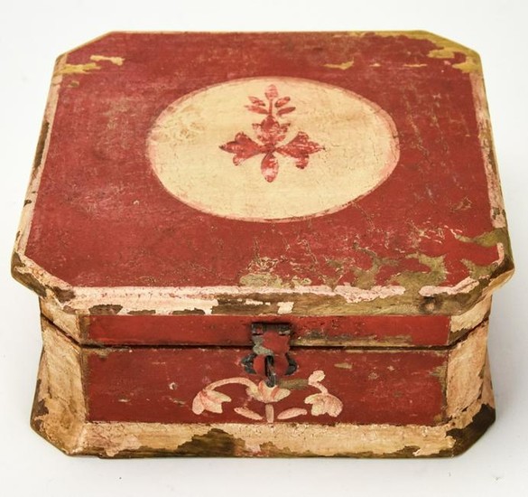 Antique Hand Painted Red & White Folk Art Box