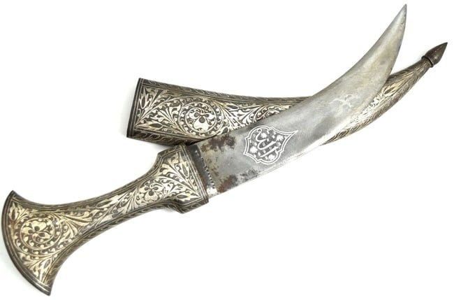 Antique Indian KHANJAR Dagger with Damascus Blade & Silver Inlaid Mounts.