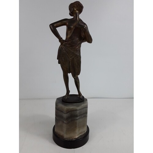 Antique cast bronze figure of a semi nude lady on marble bas...
