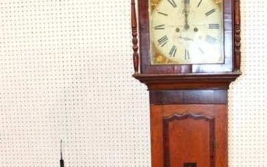 Antique mahogany case Grandfather clock by LJ Harrison with weights, pendulum and crank