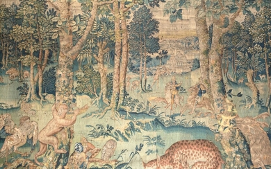 Arazzo fiammingo, XVII secolo raffigurante un paesaggio fluviale animato da...