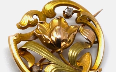 Art Nouveau 14K gold and diamond pin brooch