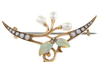 Art Nouveau 15ct gold enamel, split & cultured pearl brooch