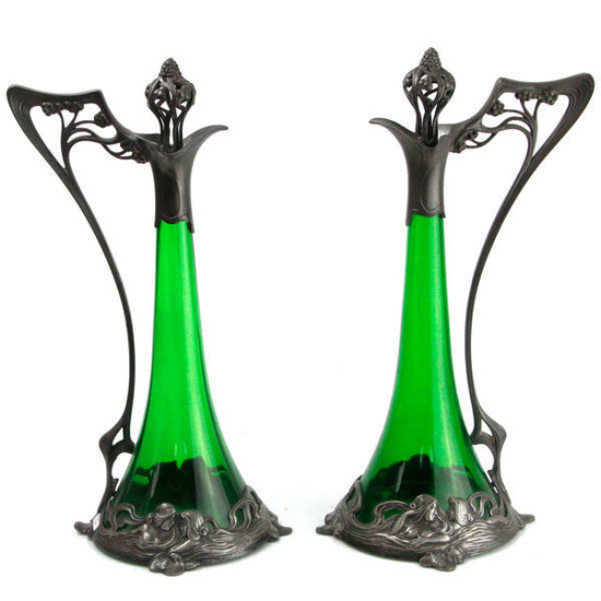 Art Nouveau WMF AK & Cie Pair Of Pewter & Green Glass Decanters, Circa 1900.