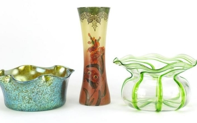 Art glass comprising a Loetz bowl, a Legras vase and a