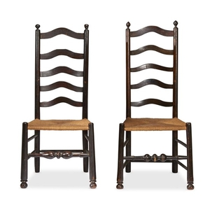 Assembled pair of turned and painted ladderback and rush...