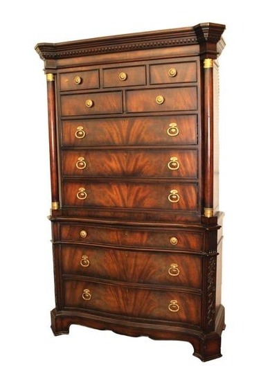 Awesome Councill 2pc 11 drawer burl mahogany high chest with columns, very Impressive Piece