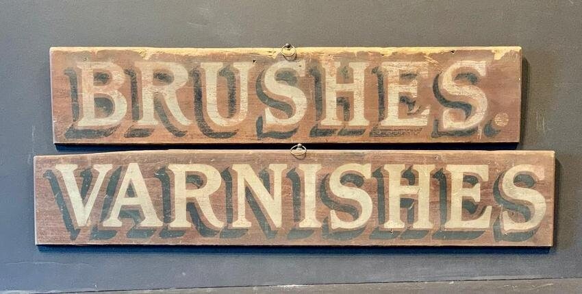 BRUSHES & VARNISHES late 19th c Pair of Signs