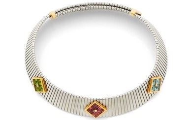 BVLGARI Rare tubogaz steel necklace adorned with square pattern in 18k yellow gold (750‰) set