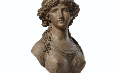 BY JOSEPH CHARLES MARIN (1749-1834), LATE 18TH CENTURY, A TINTED-TERRACOTTA BUST OF A YOUNG WOMAN