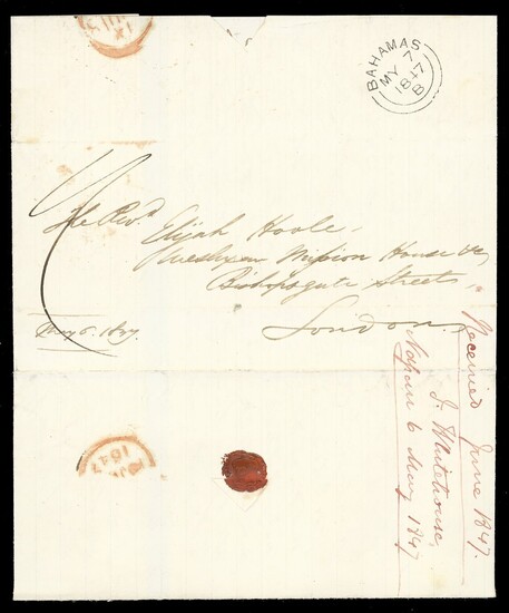 Bahamas Early Letters 1847 (7 May) entire letter from Nassau to London, rated "1/-" and showing...