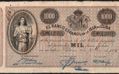 Banco Español de la Isla de Cuba. 15 de mayo de 1896. 1.000 pesos. Casi EBC-. Buen ejmplar