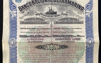 Banco Nacional Ultramarino, a share certificate of 90 escudos, 1913, serial number 21107