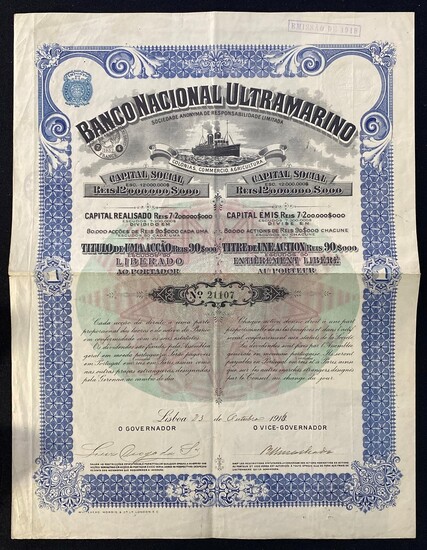 Banco Nacional Ultramarino, a share certificate of 90 escudos, 1913, serial number 21107