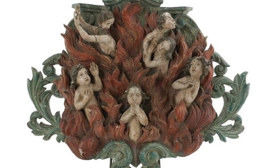 Baroque Painted Carving of Souls in Purgatory