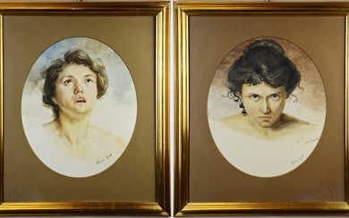 Bianca Galli "Coppia di studi per ritratti femminili" acquerello su carta ovale (cm 45x38) firmati e iscritti in basso…