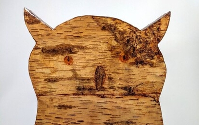 Birch Bark Wood Owl Head Figure. On metal Stand. Signed