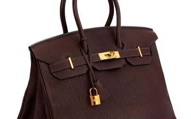Birkin bag "35" in brown Togo leather, gold metal clasps and fittings, double handle, padlock, two keys under bell