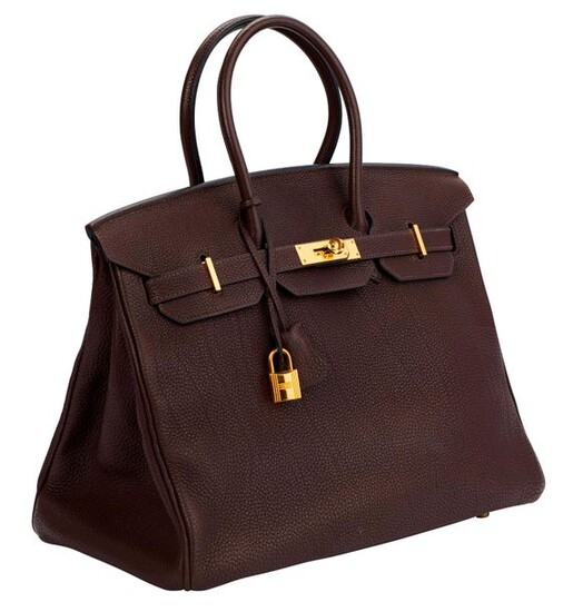 Birkin bag "35" in brown Togo leather, gold metal clasps and fittings, double handle, padlock, two keys under bell