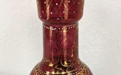 Bohemian Cased Cranberry Glass Vase. Painted medallion