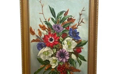 British Oil Painting Flowers & Red Berries By Elizabeth Bridge RI ROI 1912-1996