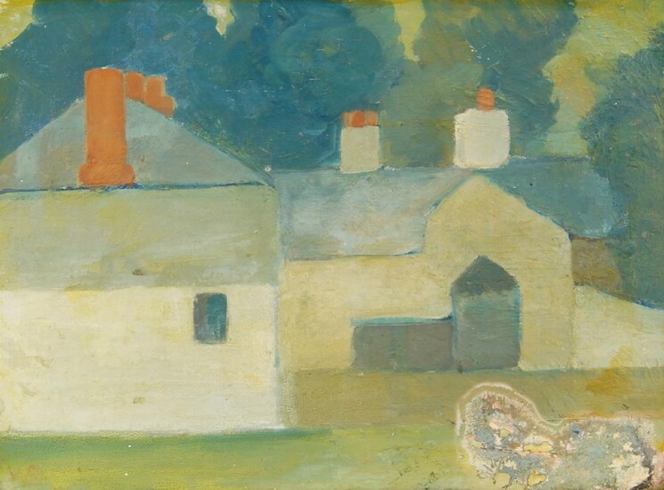 British school, 20th century - Welsh houses; oil on board, label with faint inscription 'Welsh Houses', 18.8 x 39.2 cm