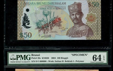 Brunei, a pair of specimen, 50 and 100 ringgit, 2004, (Pick 28s, 29s)