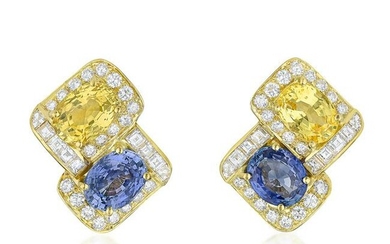 Bulgari Blue and Yellow Sapphire and Diamond Earclips