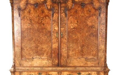 (-), Burr walnut veneer on oak Rococo cabinet...