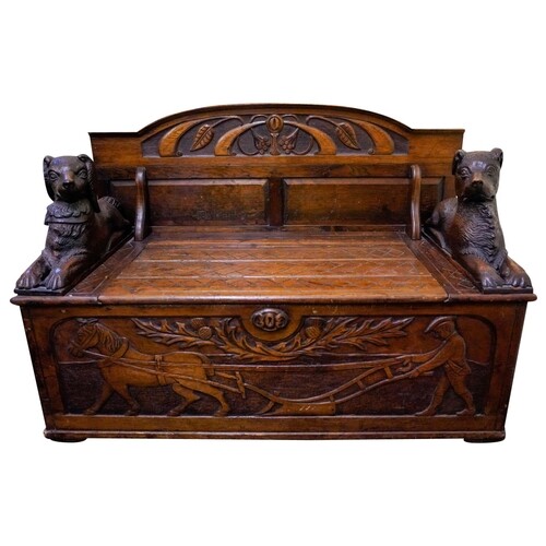 CARVED STAINED SOFTWOOD 'BLACKFOREST' HALL BENCH WITH 19TH C...