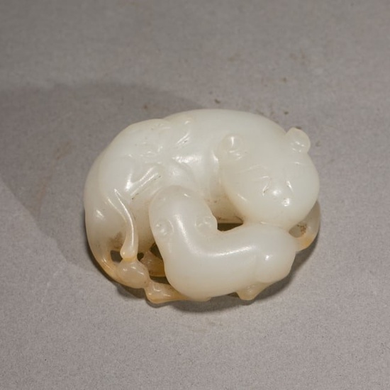 CHINESE CARVED WHITE JADE TIGER & CUB