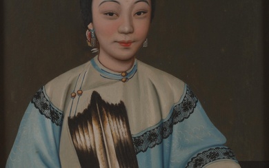 CHINESE EXPORT REVERSE PAINTING ON GLASS, PORTRAIT OF A BEAUTY WITH FAN 19 x 13 in. (48.3 x 33 cm.), Frame: 21 1/2 x 15 1/2 in. (54.6 x 39.4 cm.)