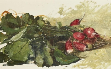 Carolyn Sergeant, British 1937-2018 - Radishes, 1988; oil on board, signed with initials and dated lower left 'CS. '88', 17.6 x 35.1 cm (ARR) Provenance: with The Kilvert Gallery, Clyro (according to the label attached to the reverse of the frame);...