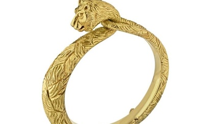 Cartier 18K Yellow Gold Carved Lion Bangle Bracelet