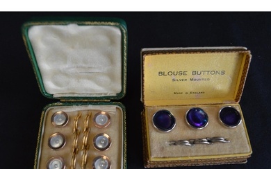 Cased set of six yellow metal and Mother of Pearl buttons in...