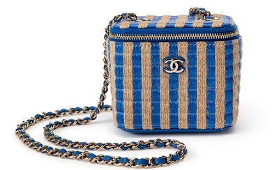 Chanel Blue and Beige Raffia, Jute, and Lambskin Mini Vanity with Chain Gold Hardware, 2021
