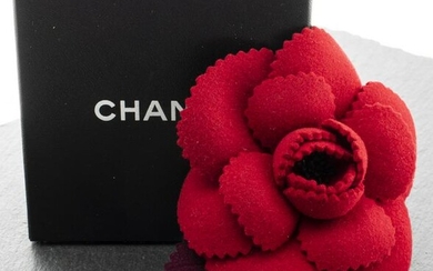 Chanel Red & Navy Felt Camellia Flower Brooch