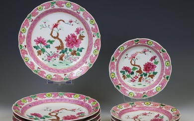 China, two sets of six famille rose porcelain deep dishes, late Qing dynasty (1644-1912)