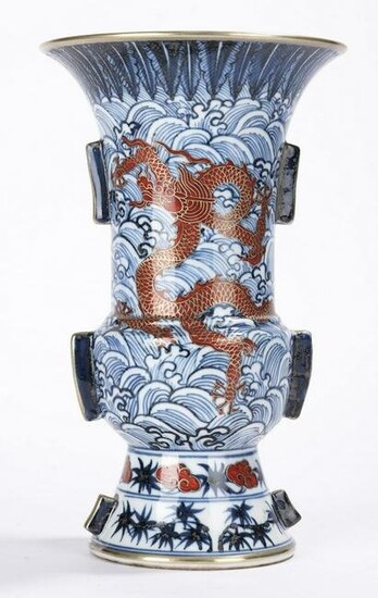 Chinese Blue and White Enamel 'Dragon' Gu Vase